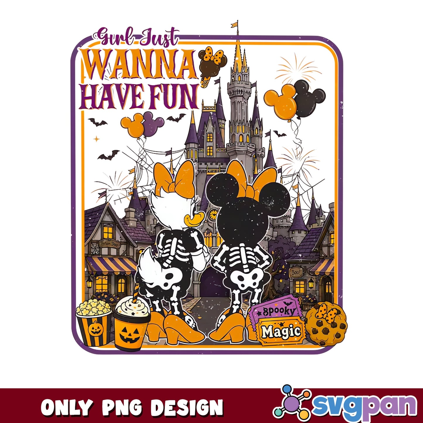 Minnie Daisy Duck Skeleton Girls Wanna Have Fun PNG, Halloween Castle