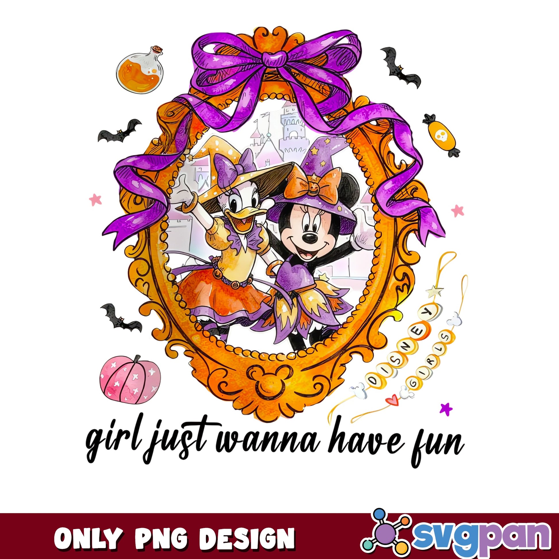 Minnie Daisy Duck Witch Coquette Frame Halloween PNG, Disney Girls