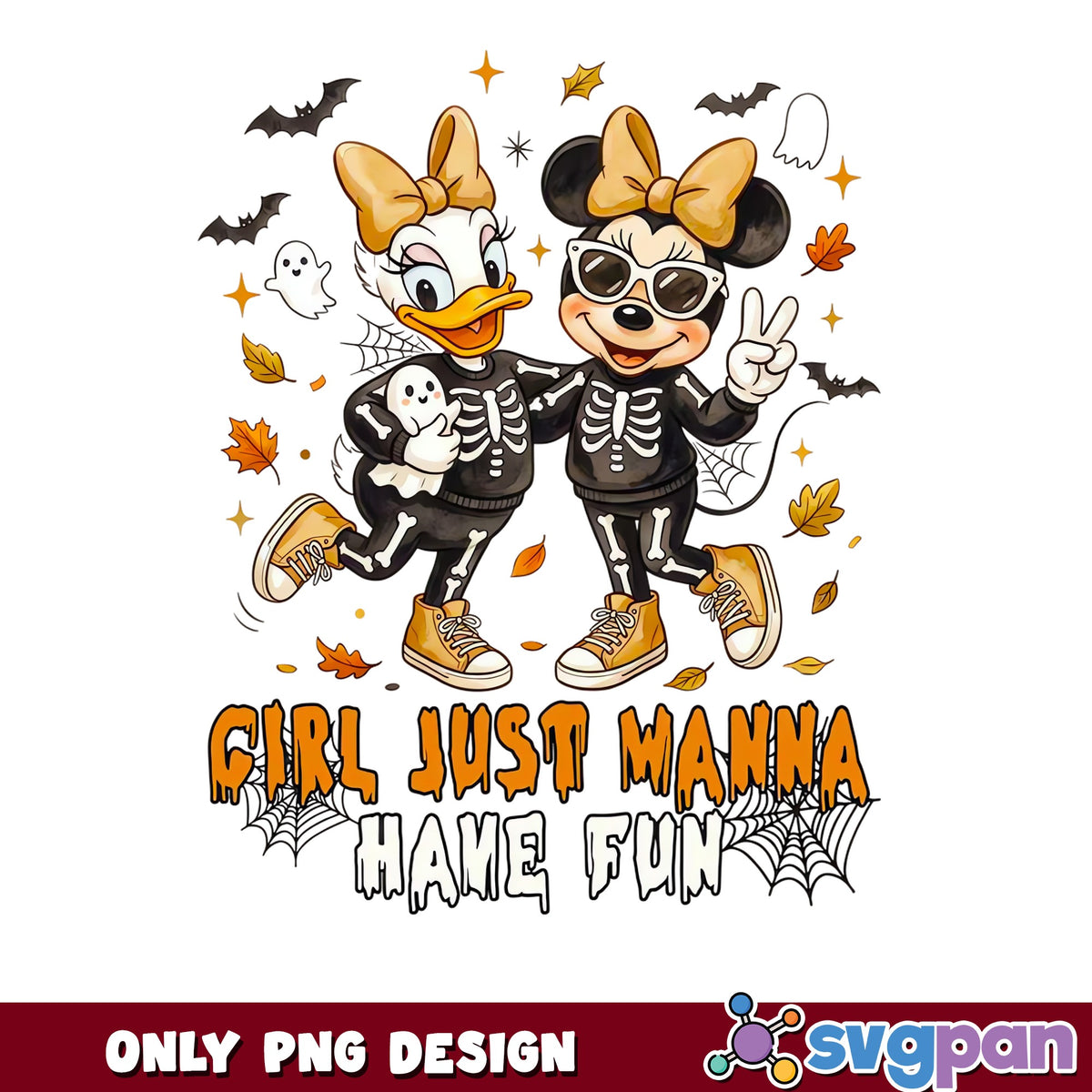 Minnie Mouse Daisy Duck Skeleton Halloween PNG, Girls Wanna Have Fun