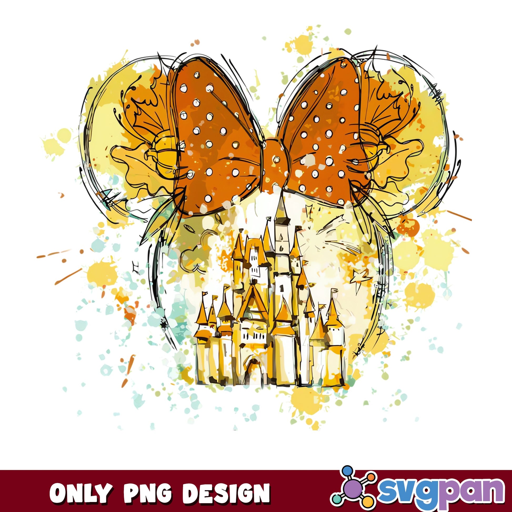 Minnie Mouse Ears Disney Castle Watercolor Sketch PNG, Bow, PNG