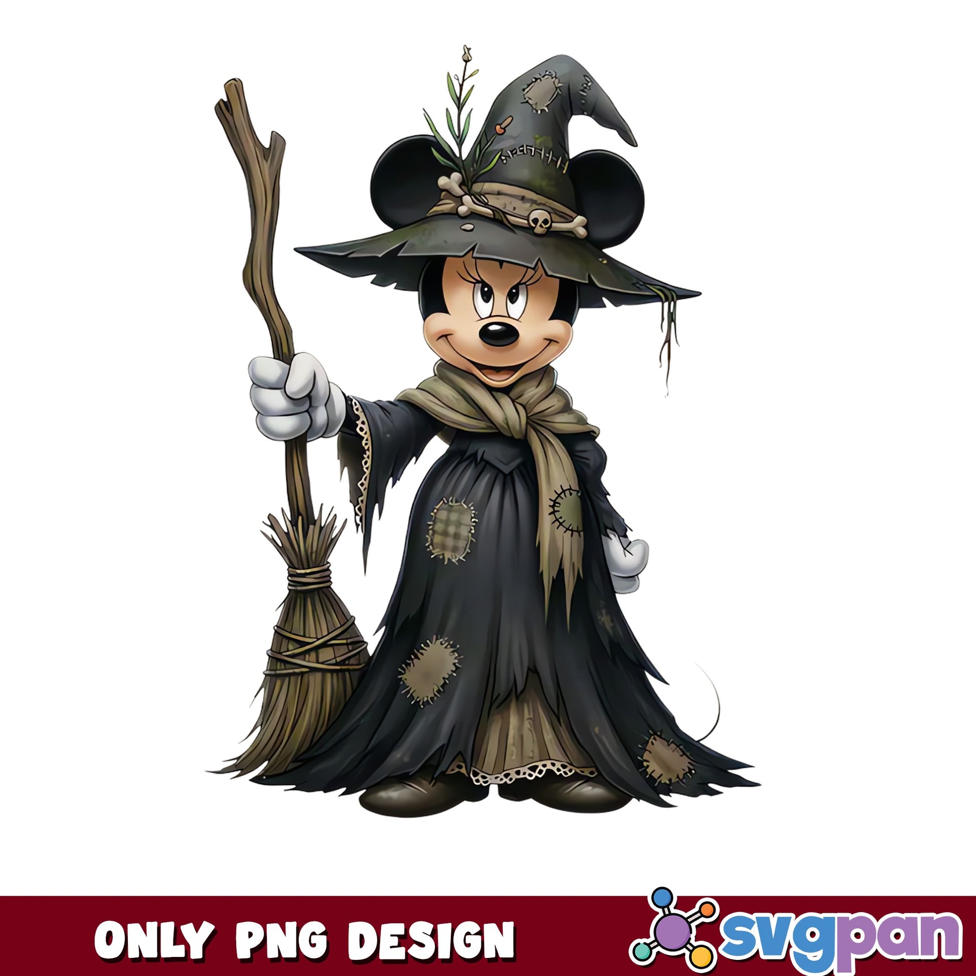 Minnie Mouse Halloween Dark Witch Broomstick PNG, Disney Spooky, PNG