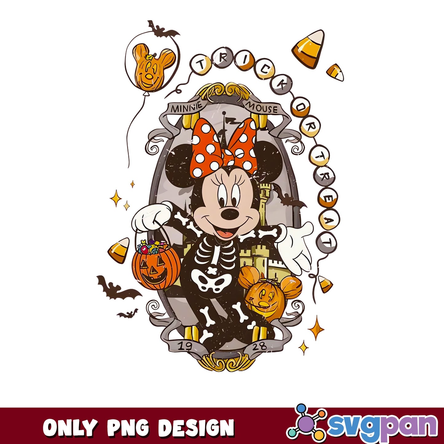 Minnie Mouse Skeleton Trick Or Treat 1928 Halloween PNG, Disney Castle