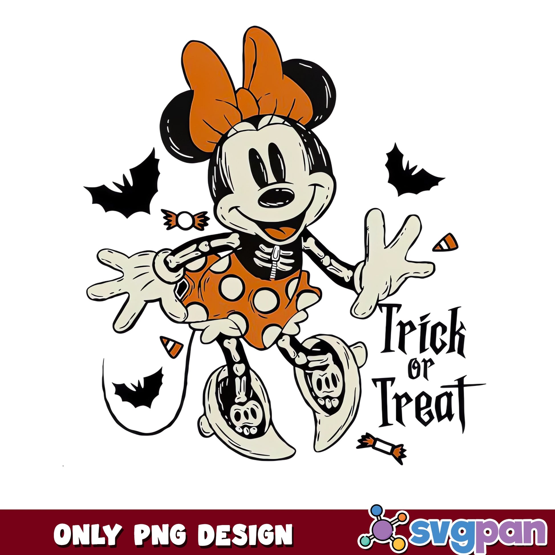 Minnie Mouse Trick Or Treat Skeleton Bats Halloween PNG, Disney, PNG