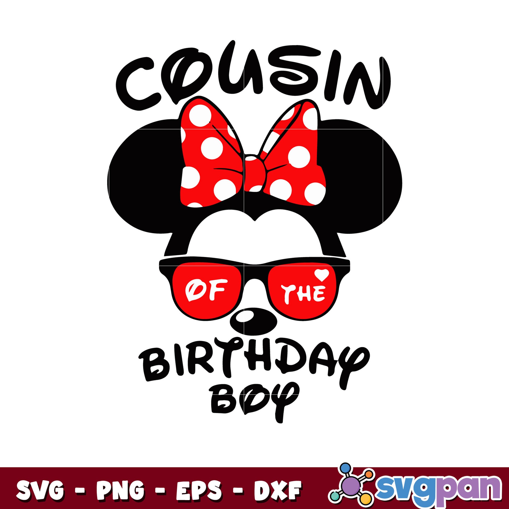 Minnie cousin of the birthday boy design svg, minnie face svg