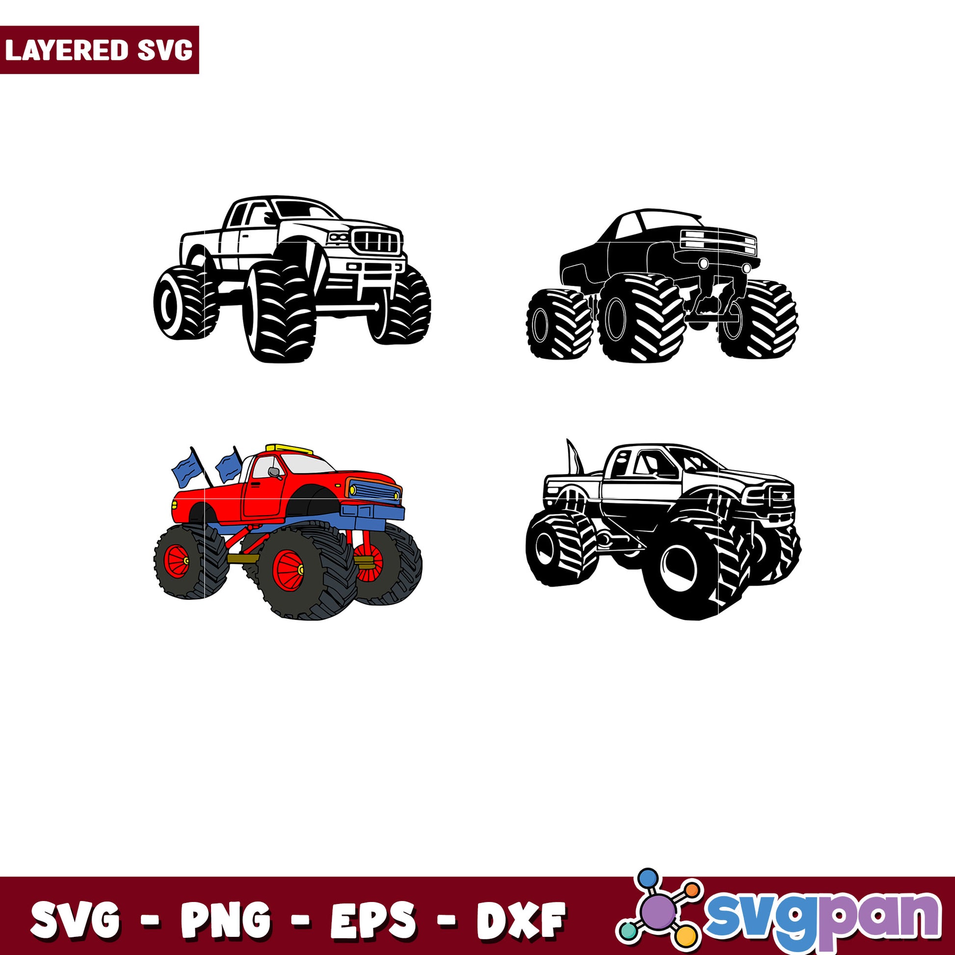 Monster Truck SVG Bundle 4 Layered Designs