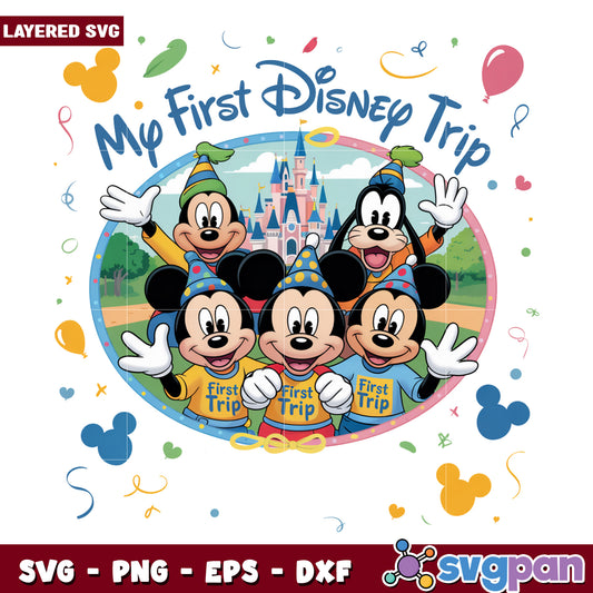 My first disney trip mickey and goofy png, disney summer vacation png, disney princess​ png