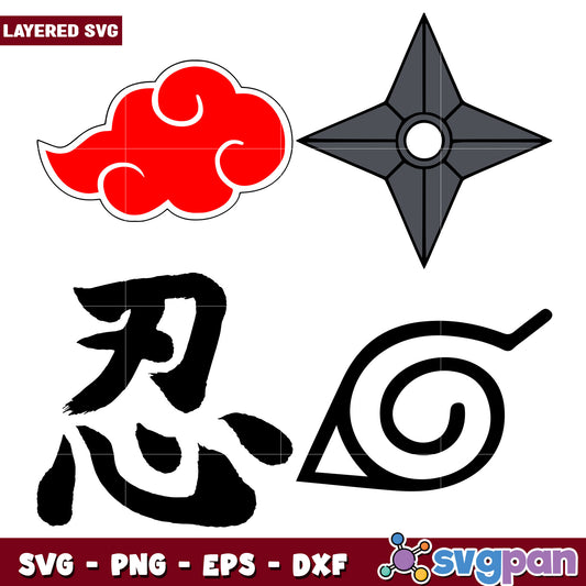Naruto SVG Bundle Cloud, Shuriken, Kanji