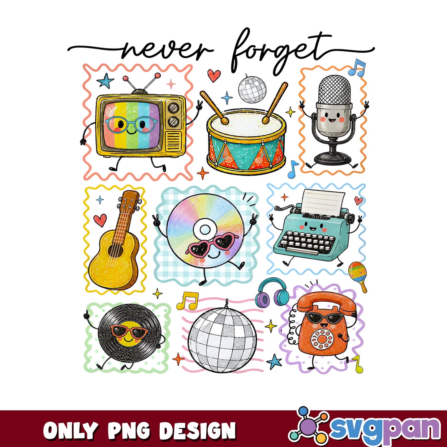 Never Forget Retro Music PNG, Vintage Cute Characters PNG, Nostalgia PNG