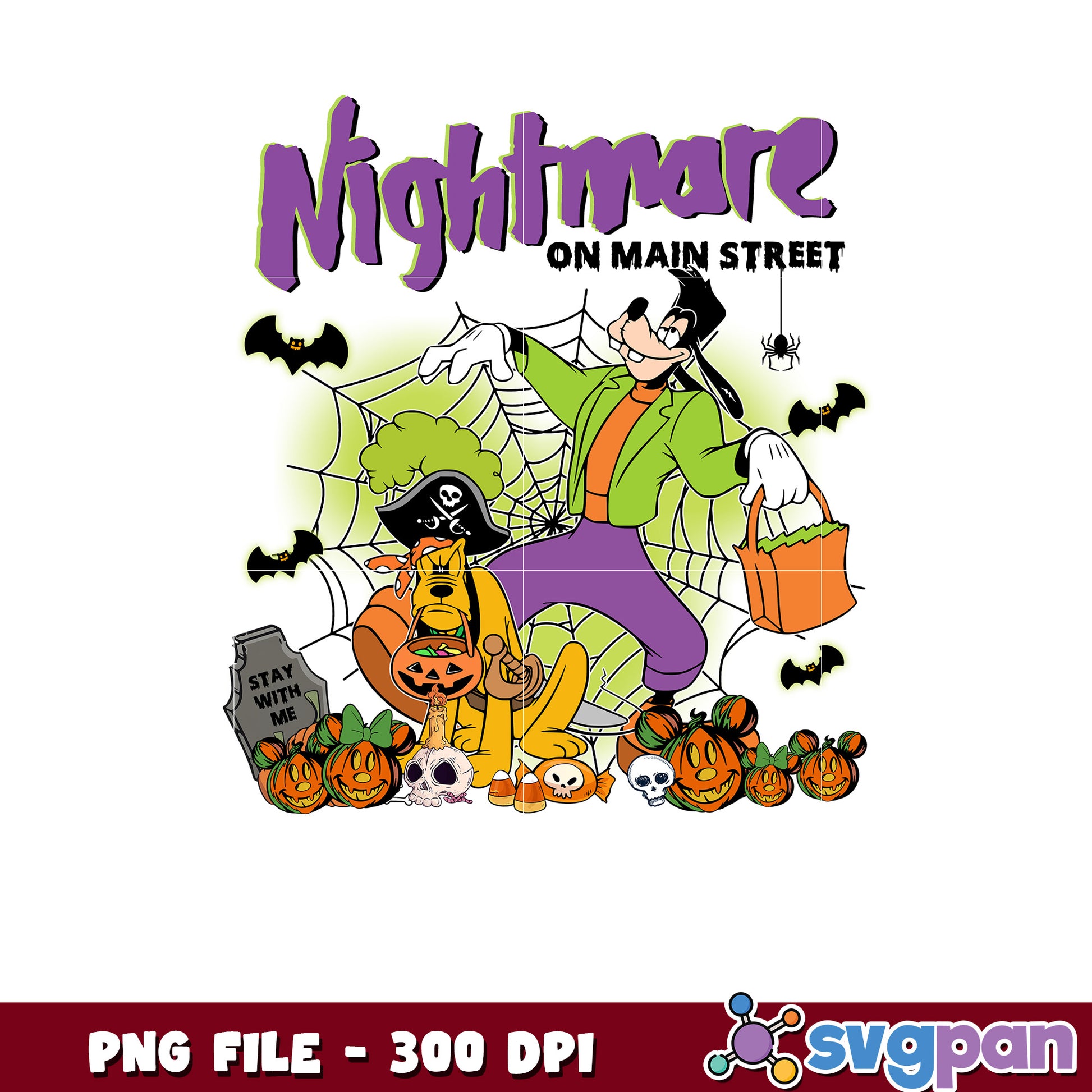 Nightmare on main street goofy and pluto png, halloween vacation png, disneyland halloween png