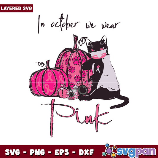 October Cat Design with Pumpkins, Perfect for Breast Cancer Awareness