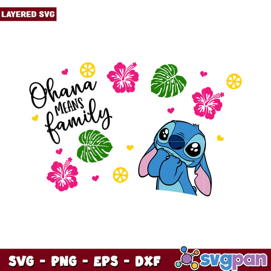 Ohana Means Family SVG Design, Cute Stitch Character and Flowers