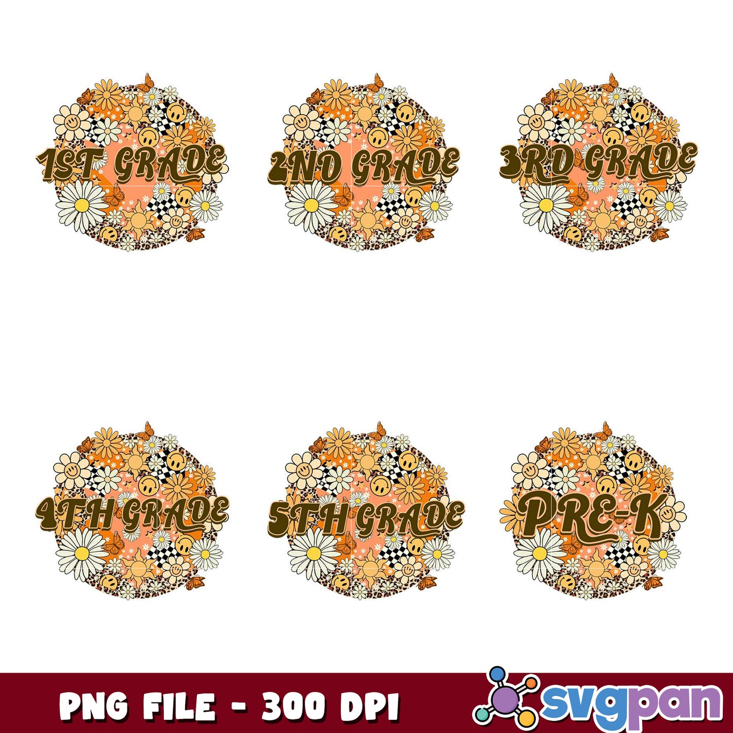 Option 1 (Focus on Grade)  PreK-5th Grade PNG Bundle Retro Floral Designs