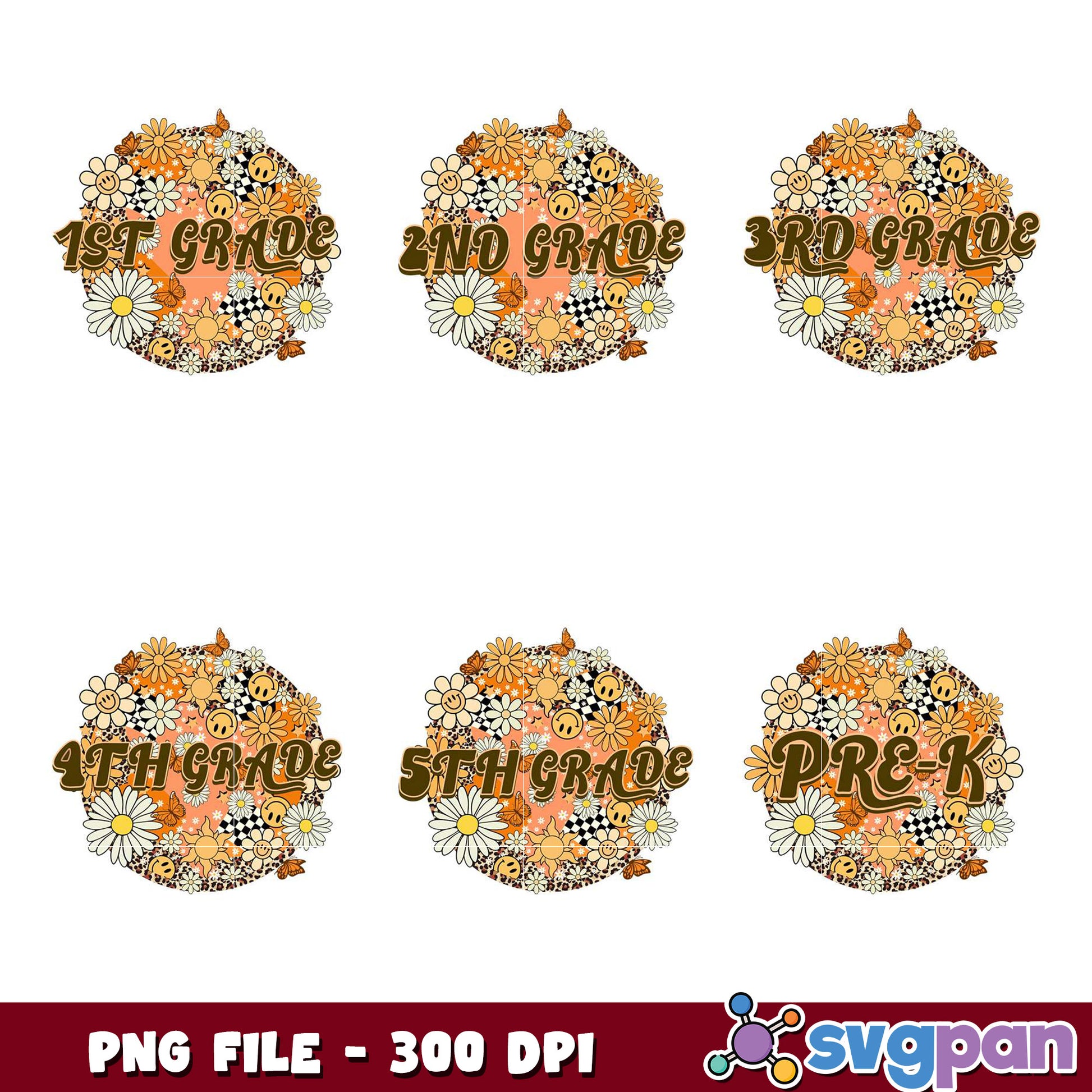 Option 1 (Focus on Grade)  PreK-5th Grade PNG Bundle Retro Floral Designs