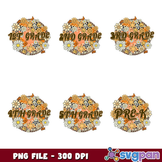 Option 1 (Focus on Grade)  PreK-5th Grade PNG Bundle Retro Floral Designs