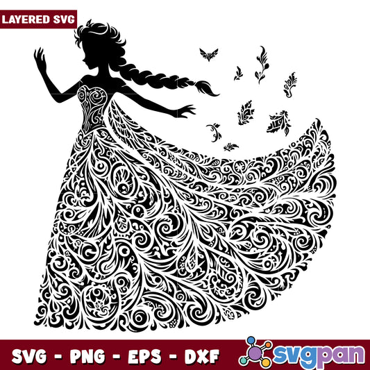 Ornate Floral Princess SVG Silhouette