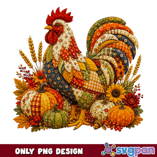 Patchwork Rooster Fall PNG, Thanksgiving Chicken PNG, Autumn Farm PNG