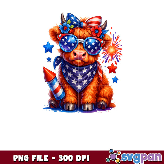 Patriotic Highland Cow PNG 300 DPI