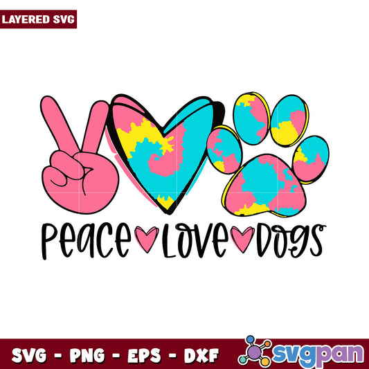 Peace Love Dogs Graphic for Pet Lovers, Vibrant Colorful Design SVG