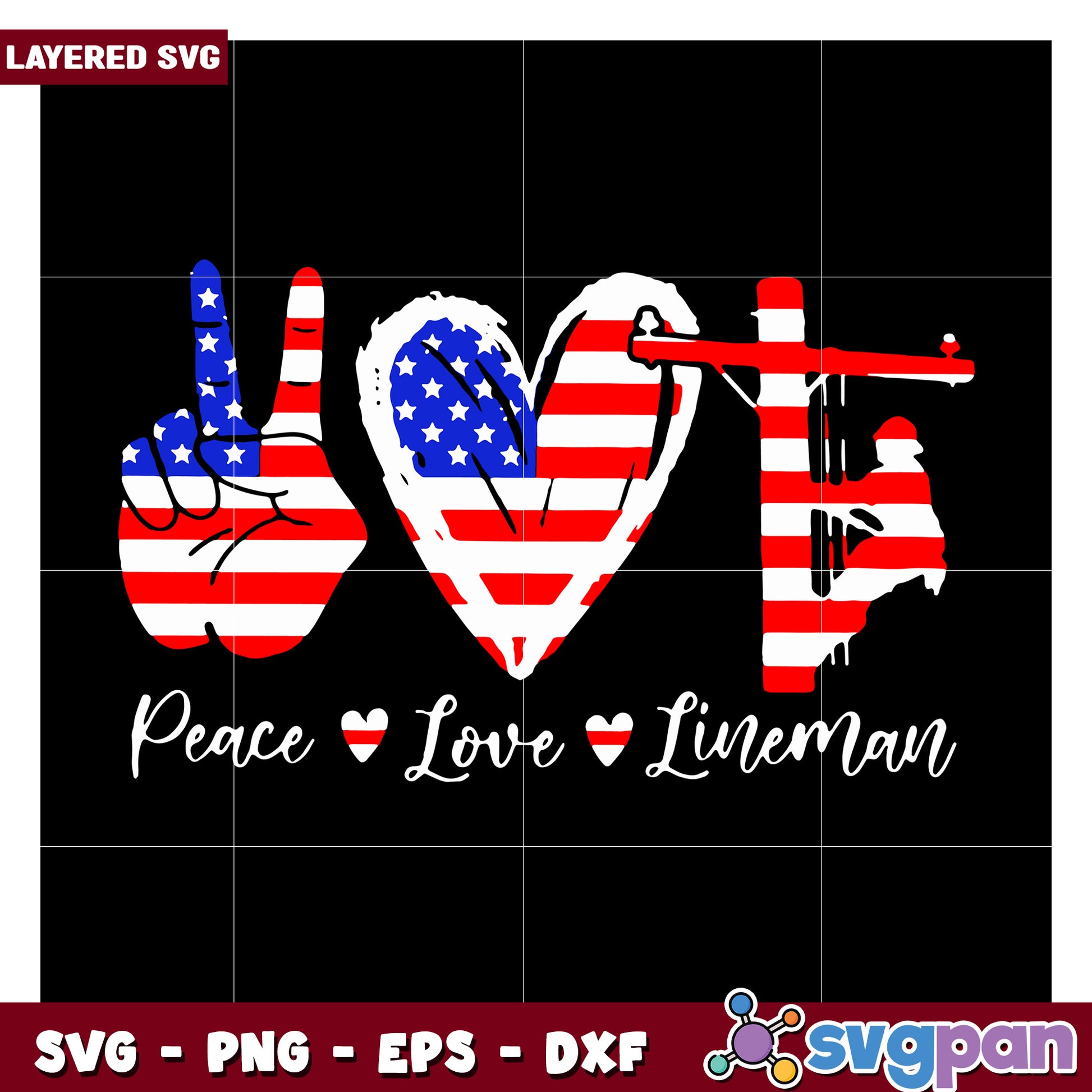 Peace Love Lineman SVG Design with American Flag, Perfect for Crafts