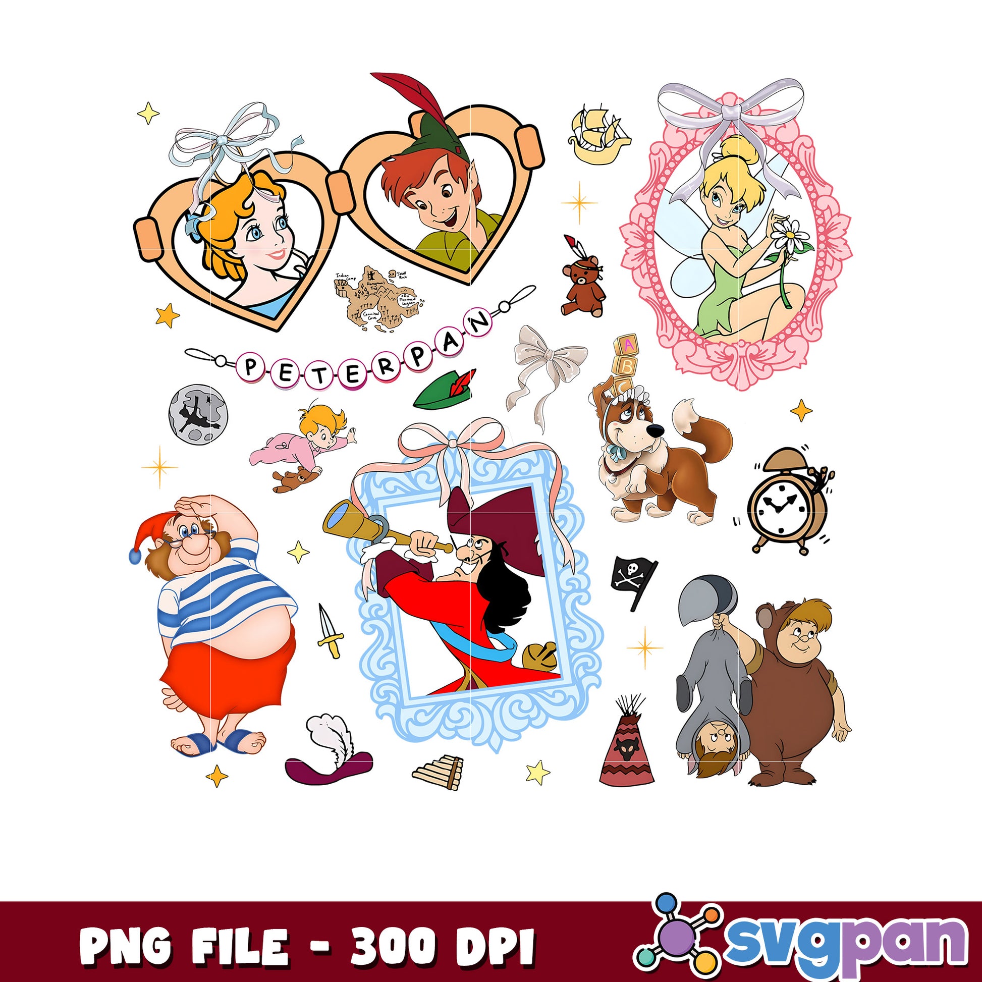 Peter pan picture frame png, disney neverland png, peter pan and tinker bell png