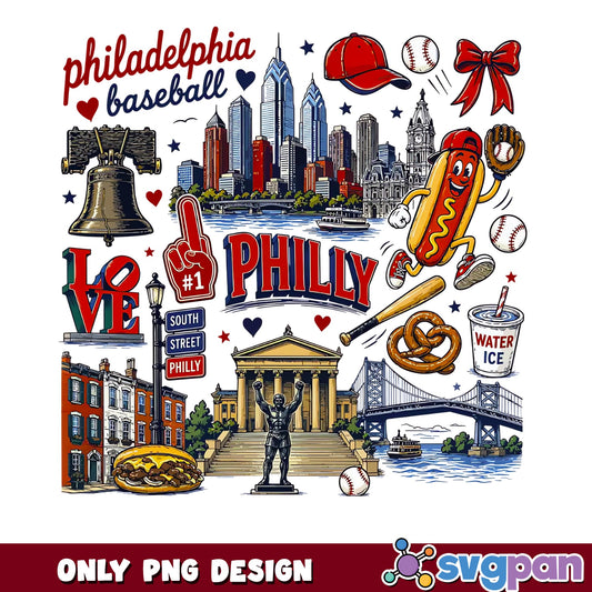 Philly Baseball City Collage PNG, Philadelphia Landmarks PNG, Phillies Fan PNG