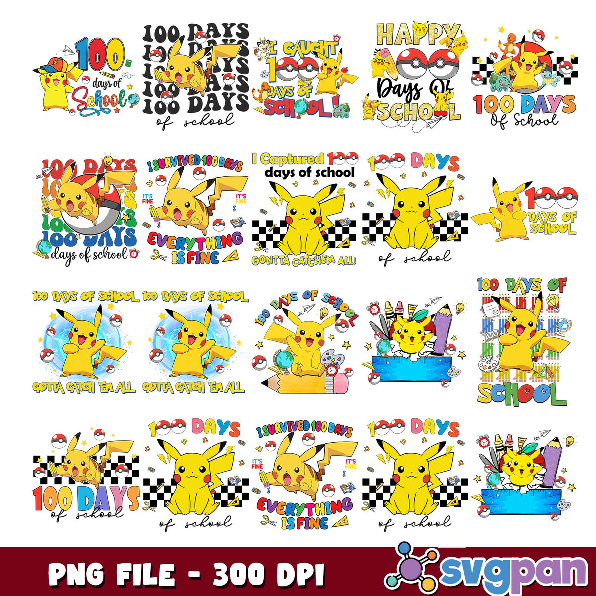 Pikachu 100 days of school png bundle