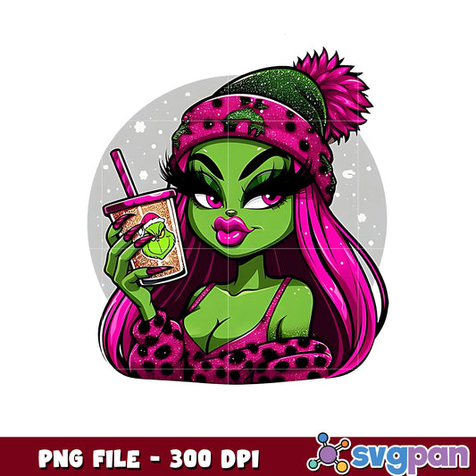 Pink Girl Grinch Coffee png, grinch memes png, grinchmas png