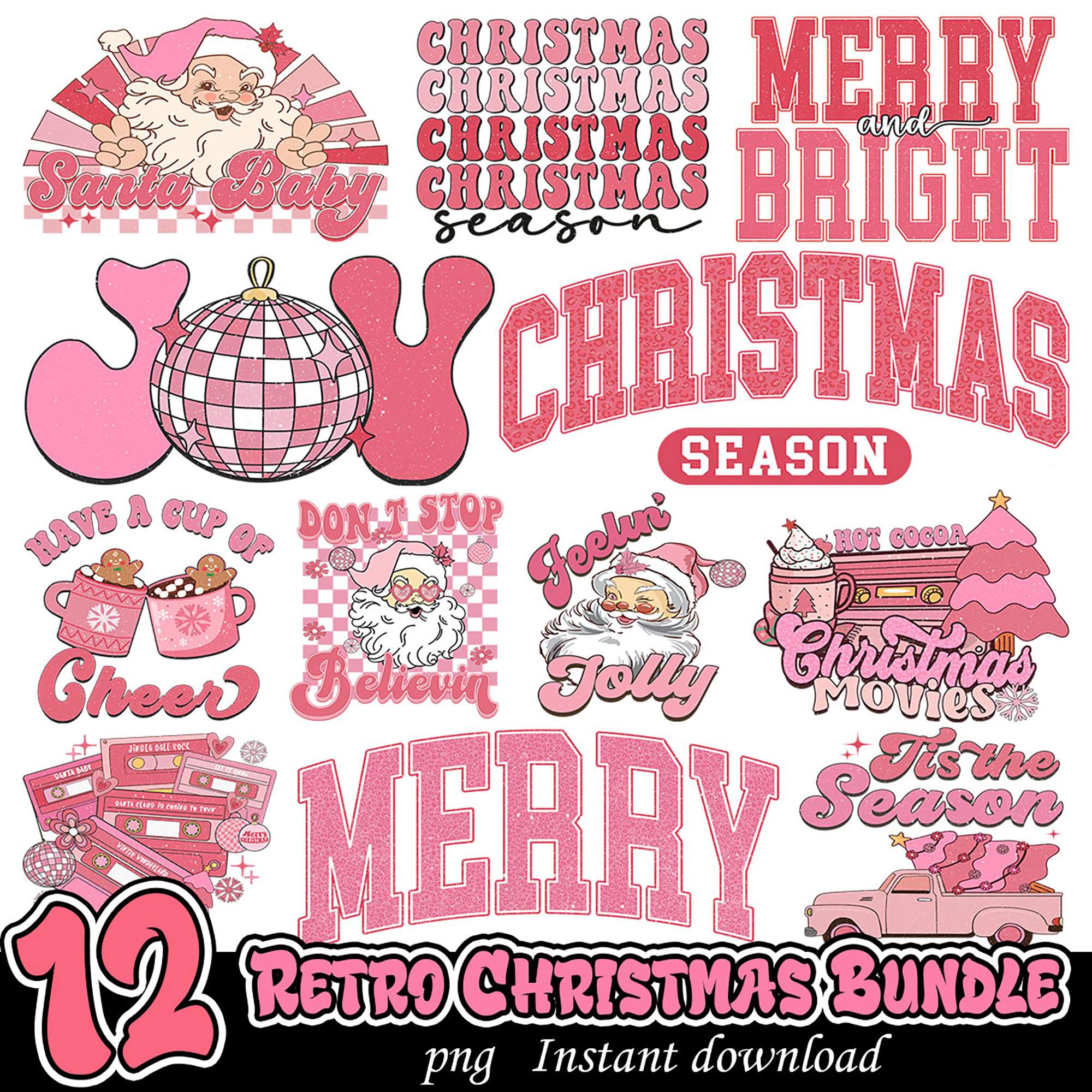 Pink Retro Christmas PNG Bundle – svgpan