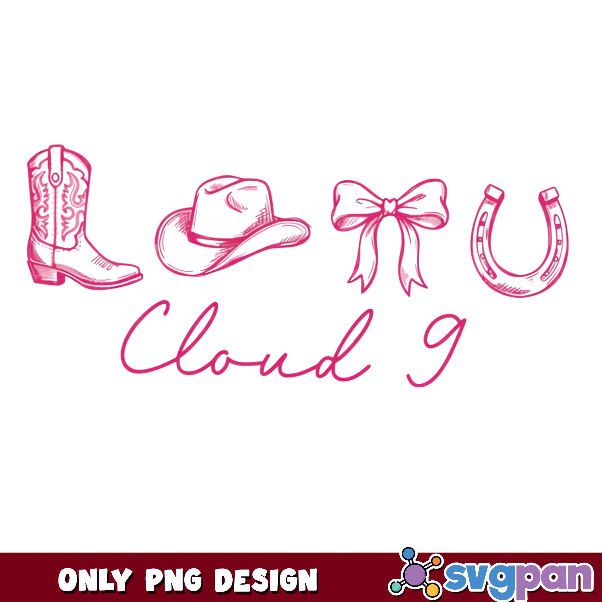 Pink Cowgirl Cloud 9 PNG, Western Boot Horseshoe PNG, Coquette Bow PNG