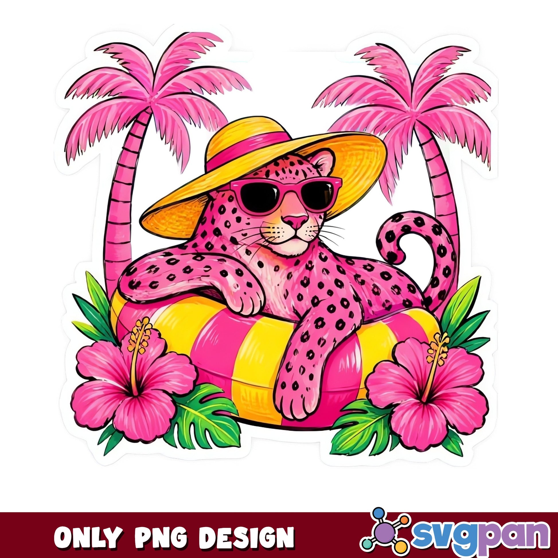 Pink Leopard Summer Beach PNG, Tropical Cheetah PNG, Vacation PNG
