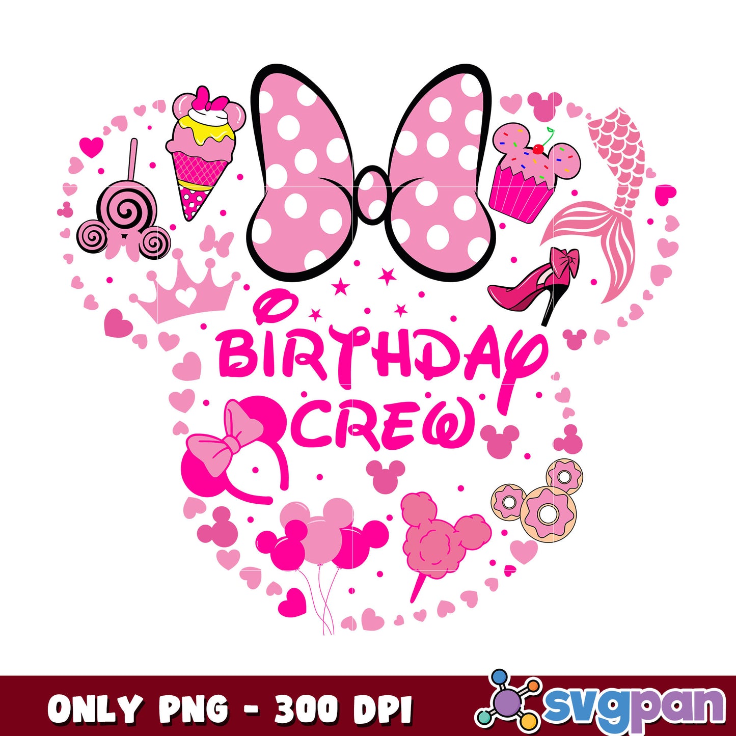 Pink minnie head birthday crew png, minnie mouse png, birthday png