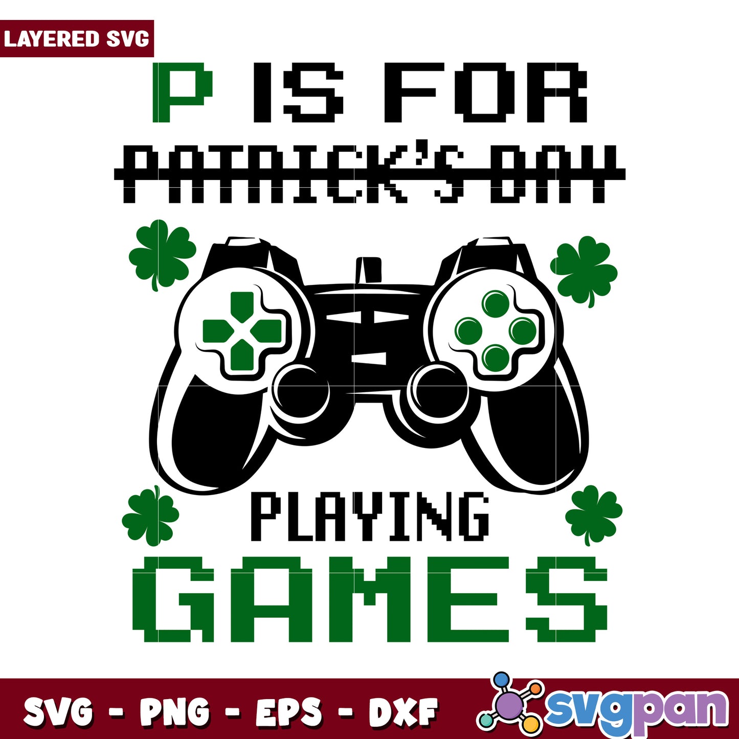 P is for Patricks Day themed graphic with game controller, celebrate gaming fun