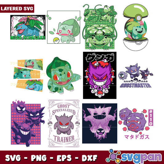Pokemon SVG Bundle Bulbasaur, Gengar Designs
