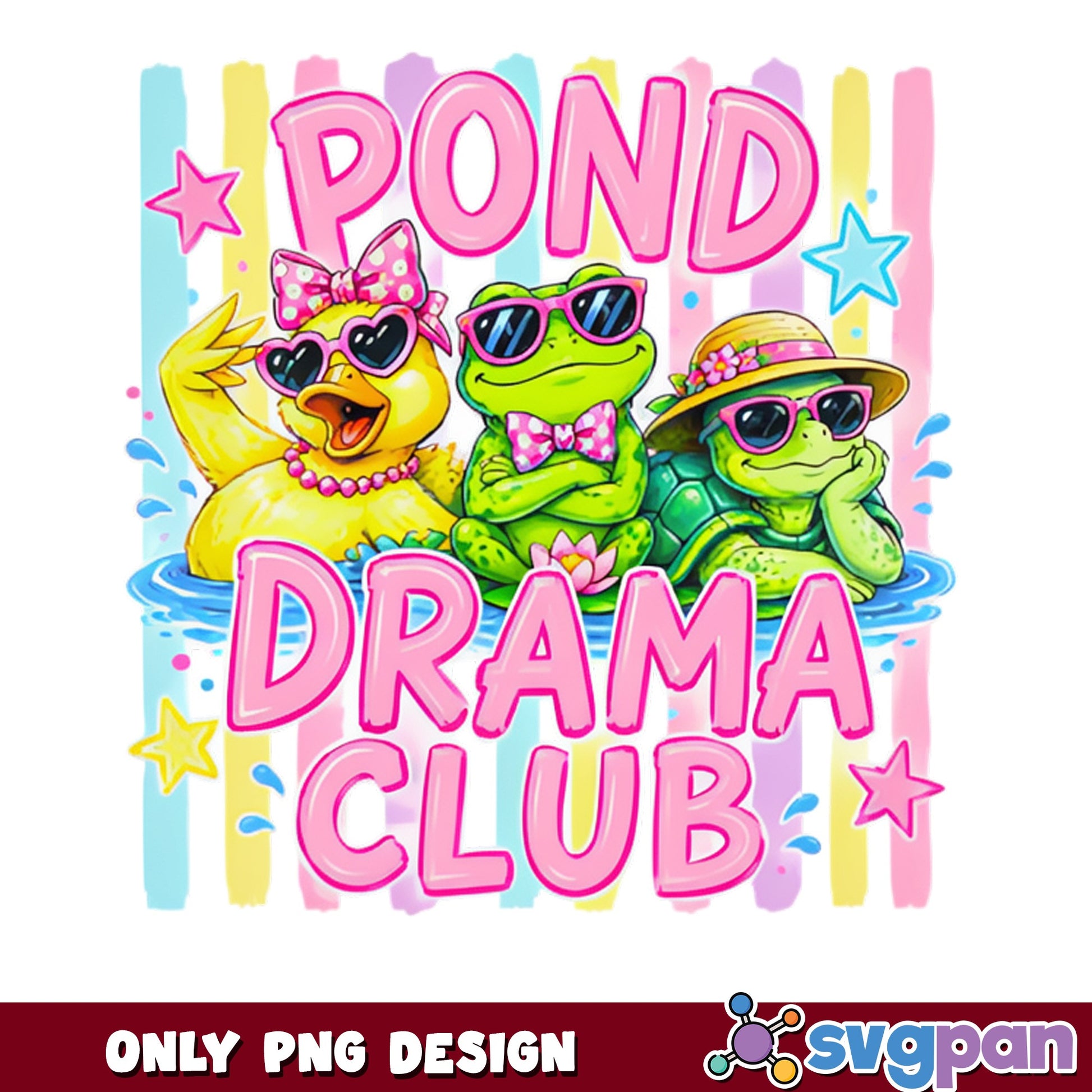 Pond Drama Club PNG, Funny Frog Duck Turtle, Cute Animal PNG