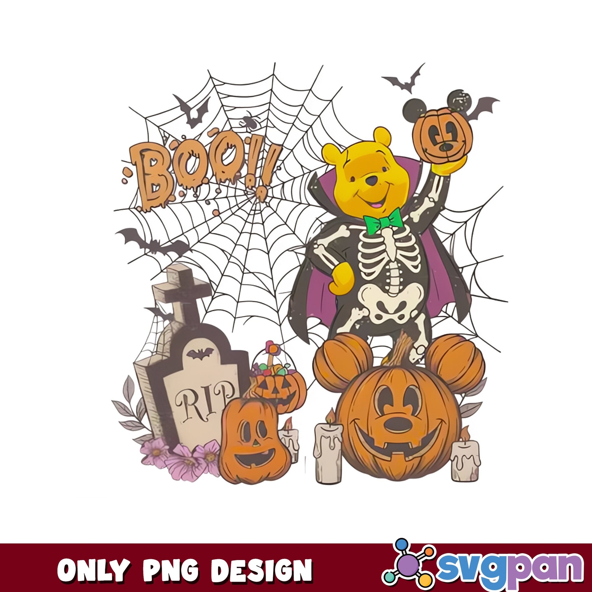 Pooh Vampire Skeleton PNG, Halloween Disney Boo PNG, Pumpkin PNG