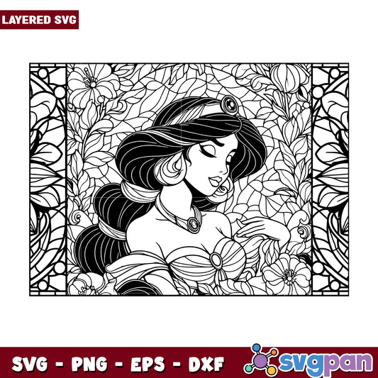Princess Jasmine SVG Coloring Page Floral Design