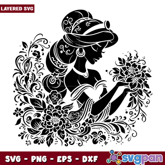 Princess Jasmine Silhouette SVG Floral Design