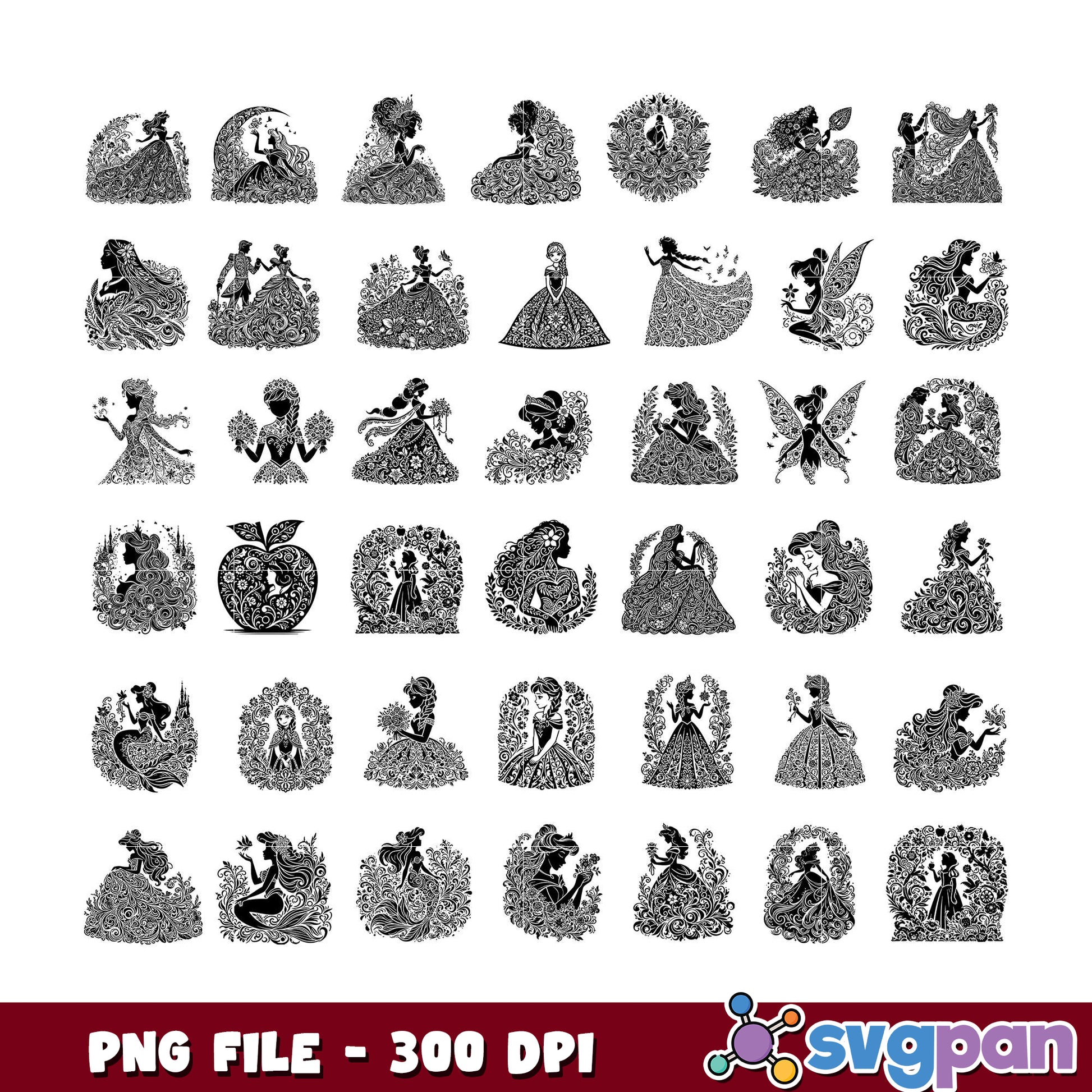 Princess Silhouette Bundle PNG 300 DPI
