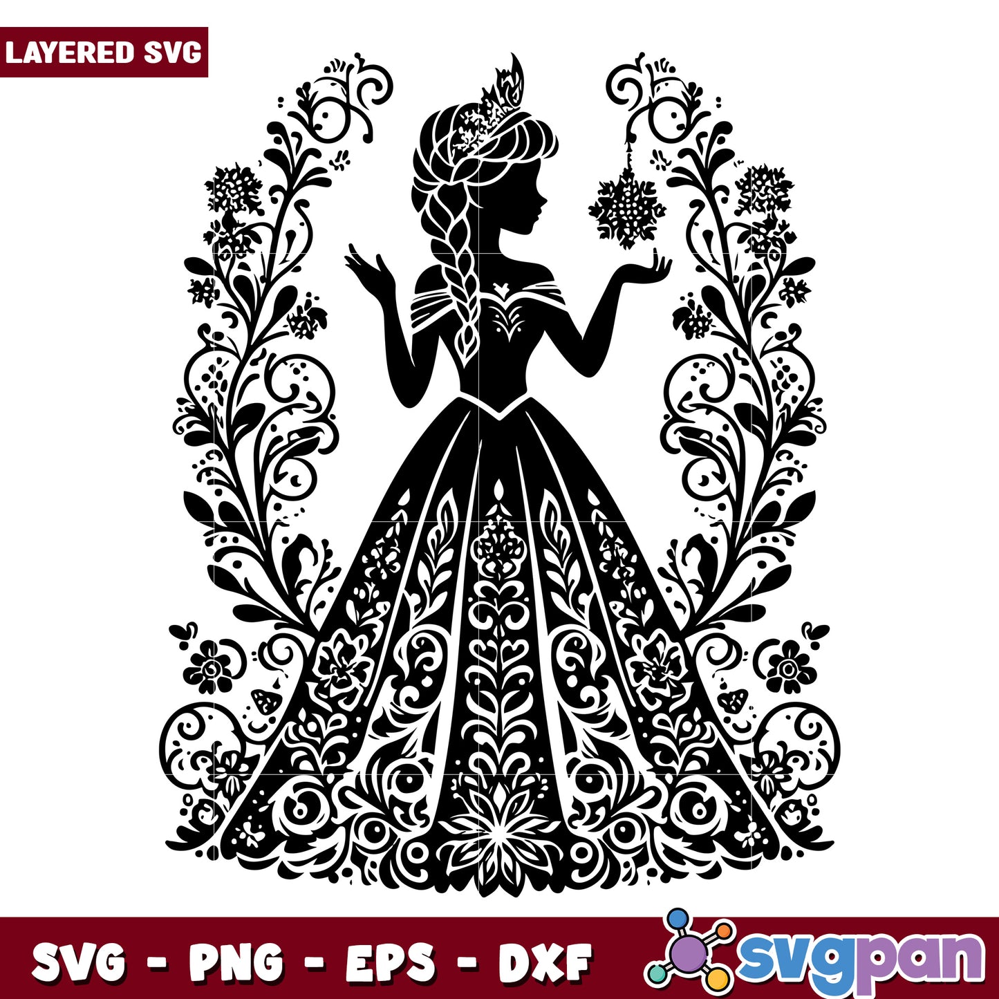Princess Silhouette SVG Floral Dress Design