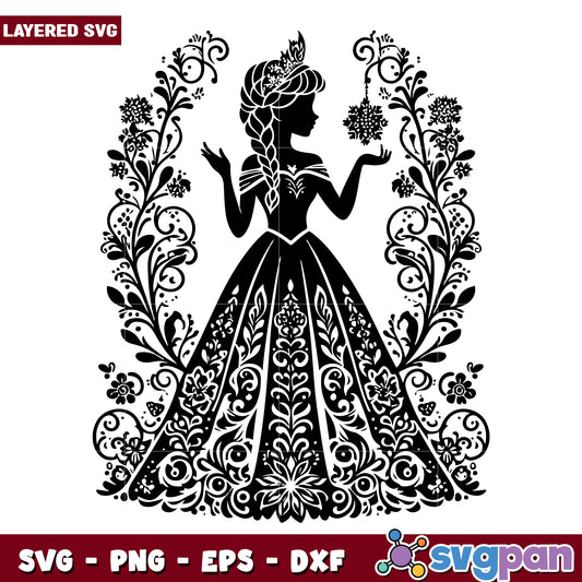 Princess Silhouette SVG Floral Dress Design