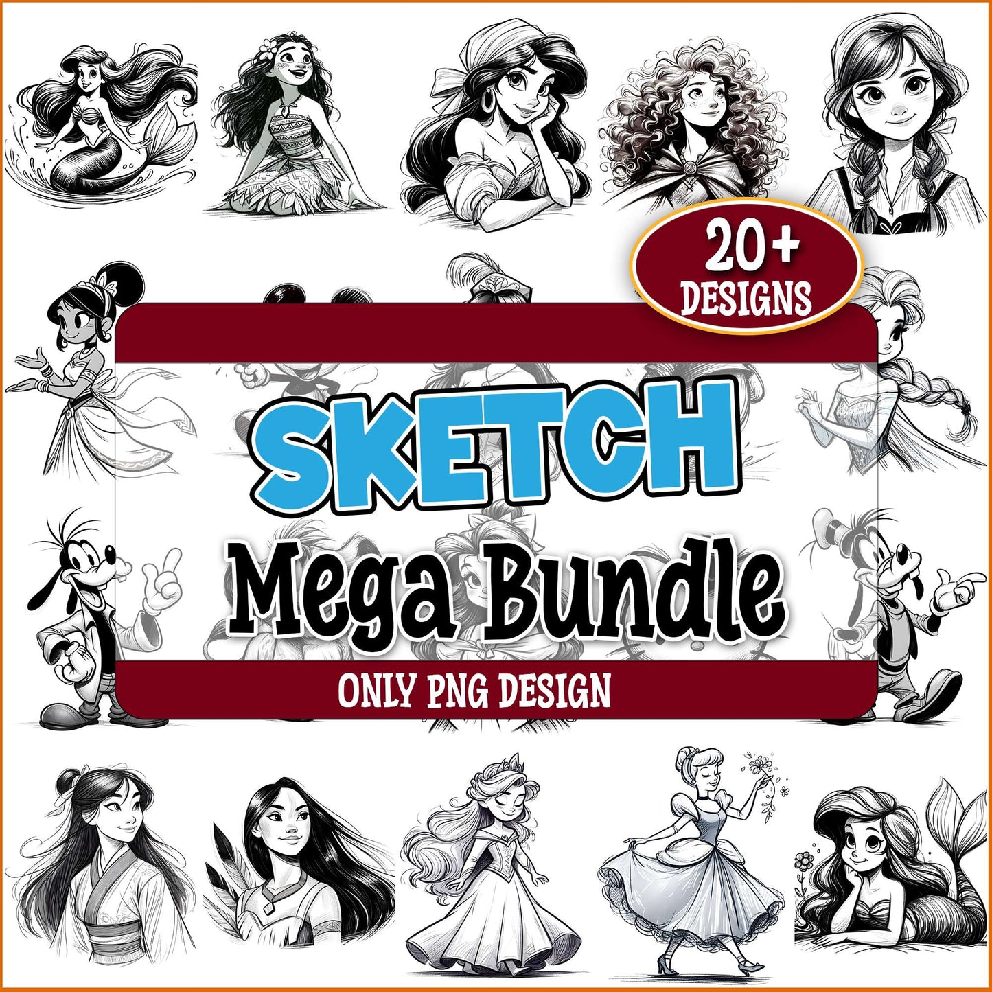 Princess pencil art png bundle