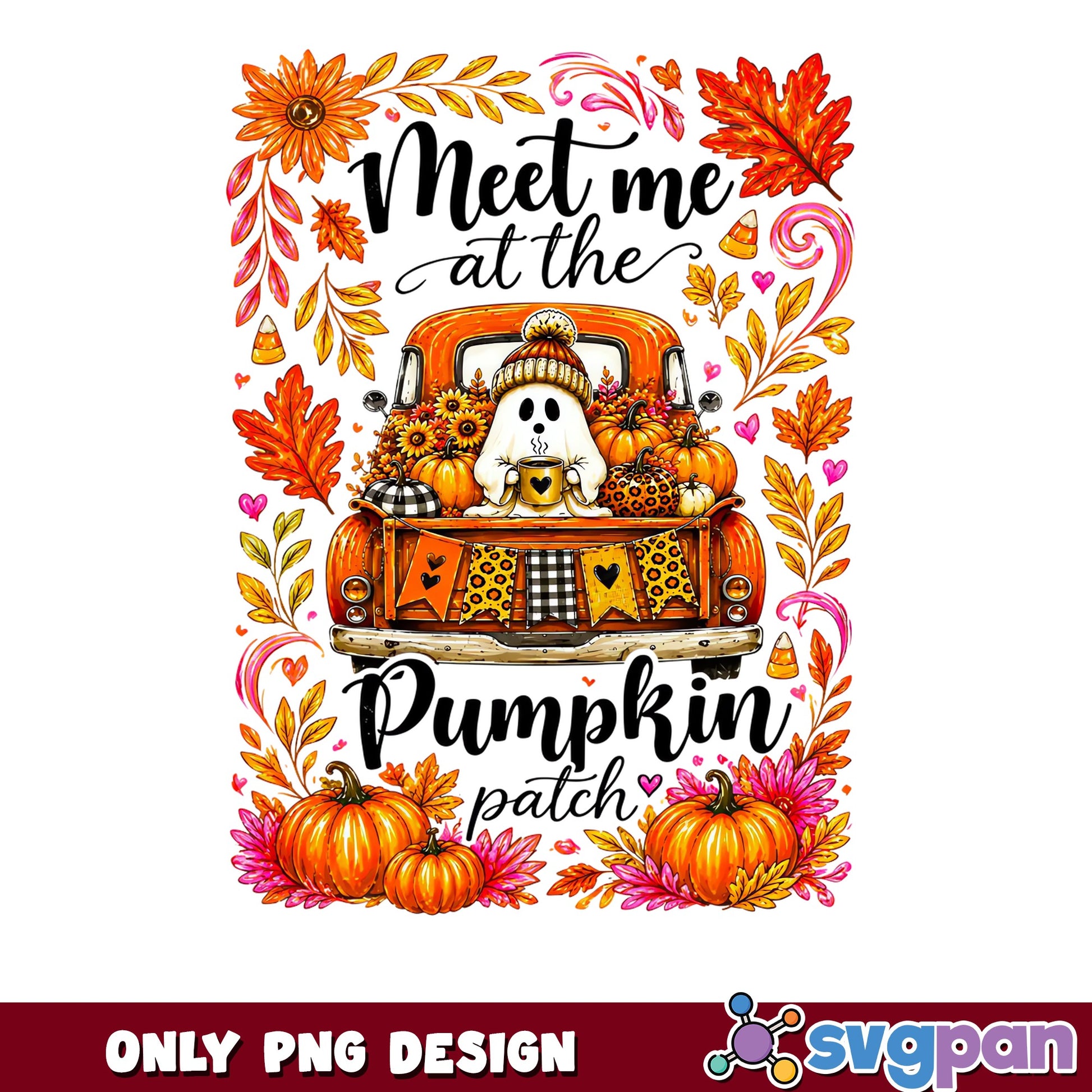 Pumpkin Patch Ghost Truck PNG, Fall Halloween PNG, Autumn PNG