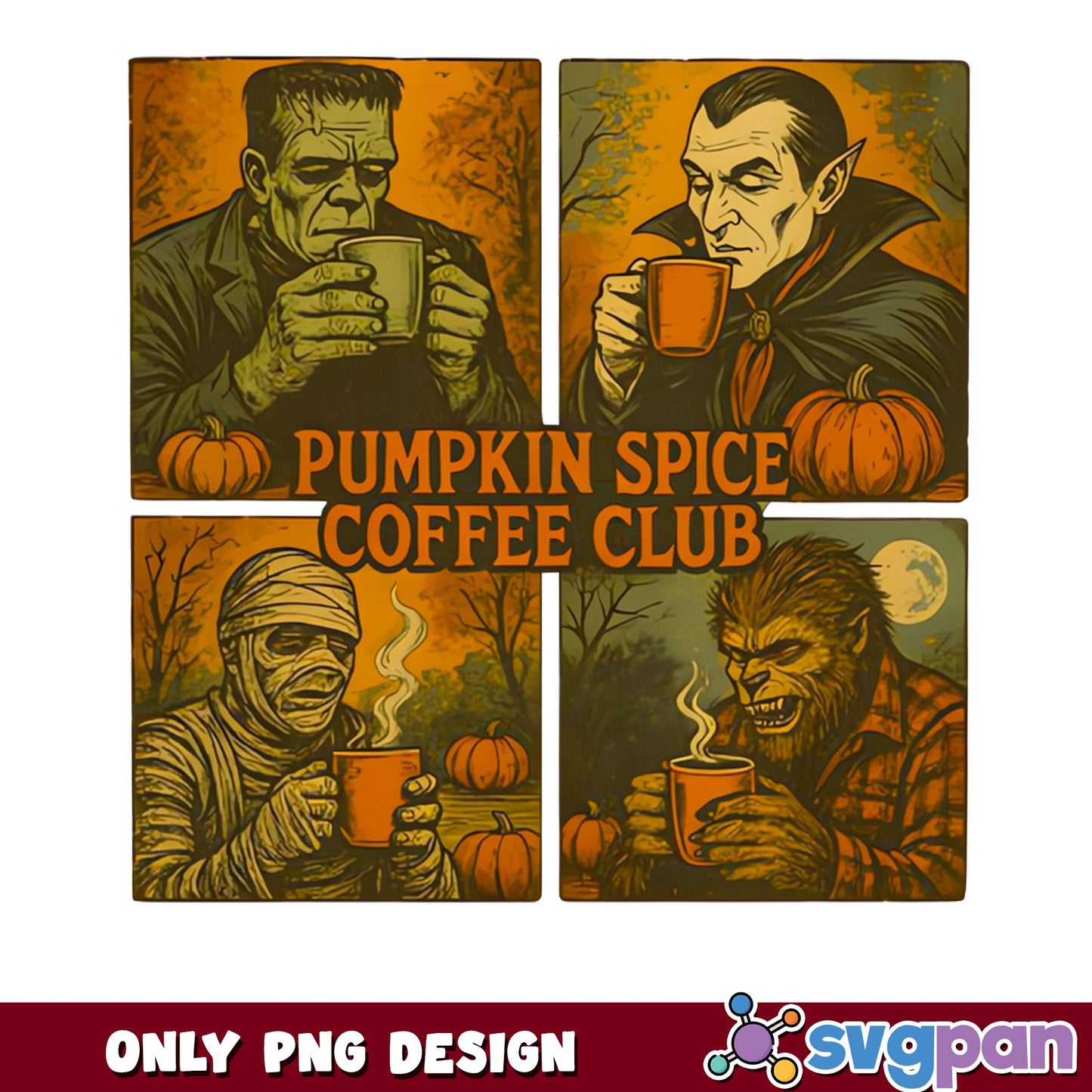 Pumpkin Spice Coffee Club PNG, Halloween Monster PNG, Fall PNG