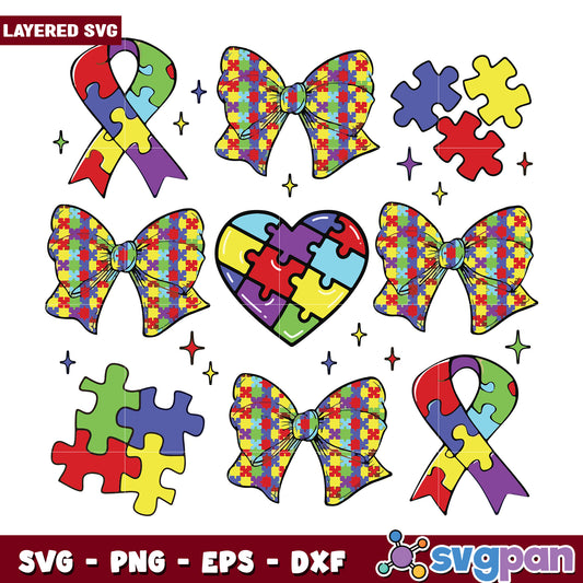 Puzzel piece​ with bow te svg, autism heart​ svg, autism bow tie svg 