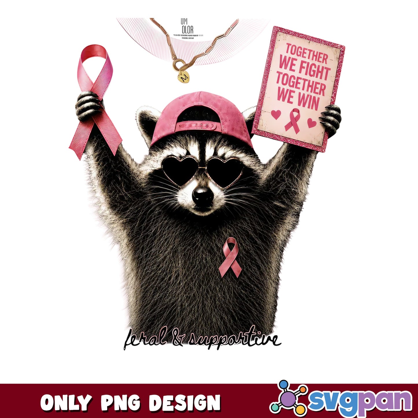 Raccoon Breast Cancer Awareness PNG, Feral And Supportive PNG, Pink Ribbon PNG