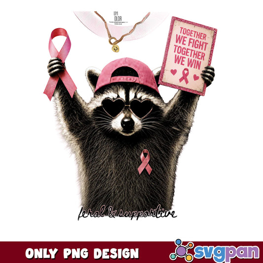 Raccoon Breast Cancer Awareness PNG, Feral And Supportive PNG, Pink Ribbon PNG