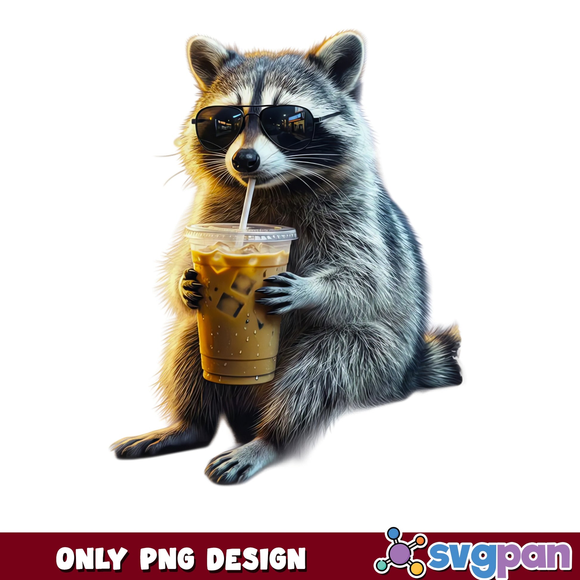 Raccoon Drinking Iced Coffee PNG, Funny Raccoon PNG, Cool Animal PNG