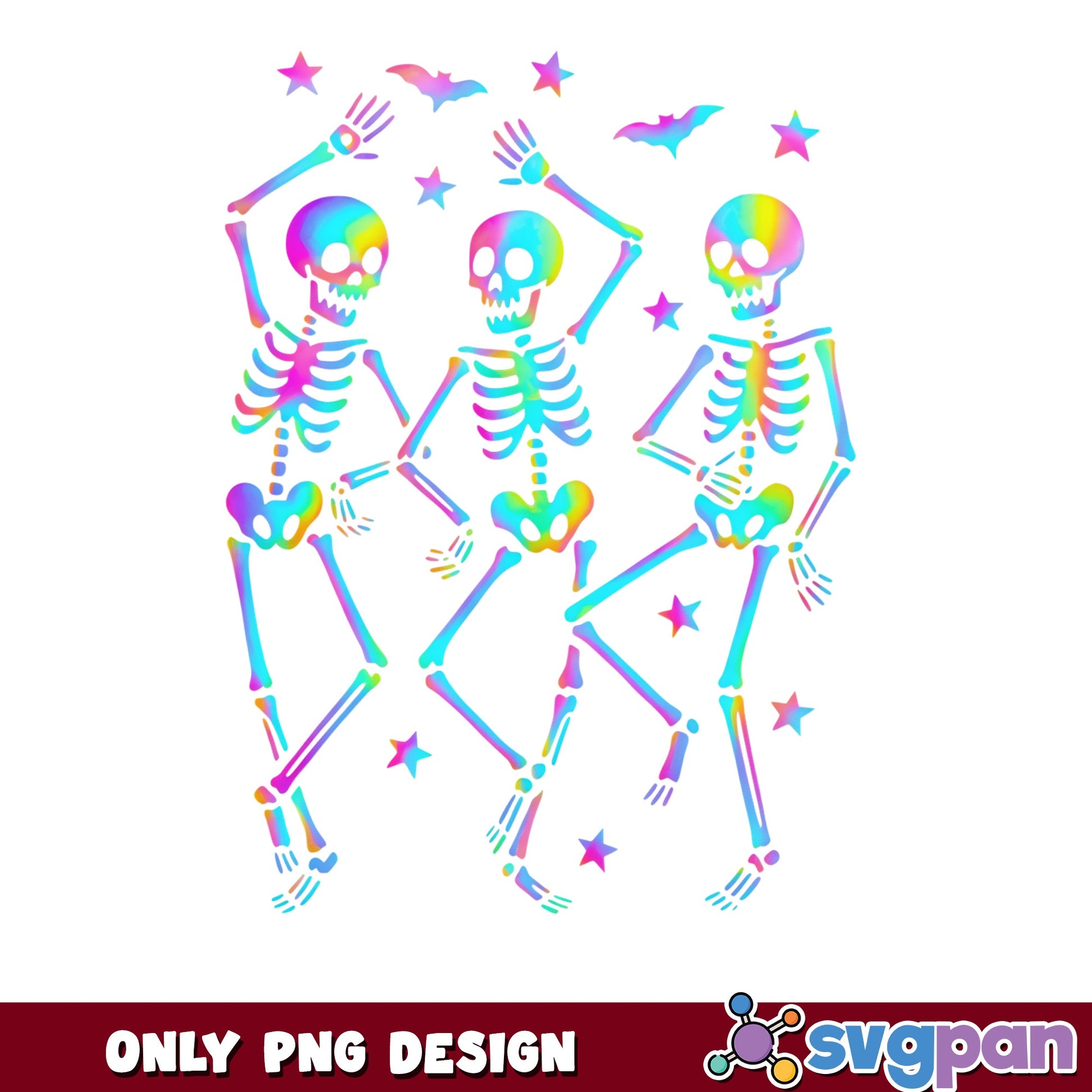 Rainbow Dancing Skeletons PNG, Halloween Skeleton PNG, Colorful Skull PNG