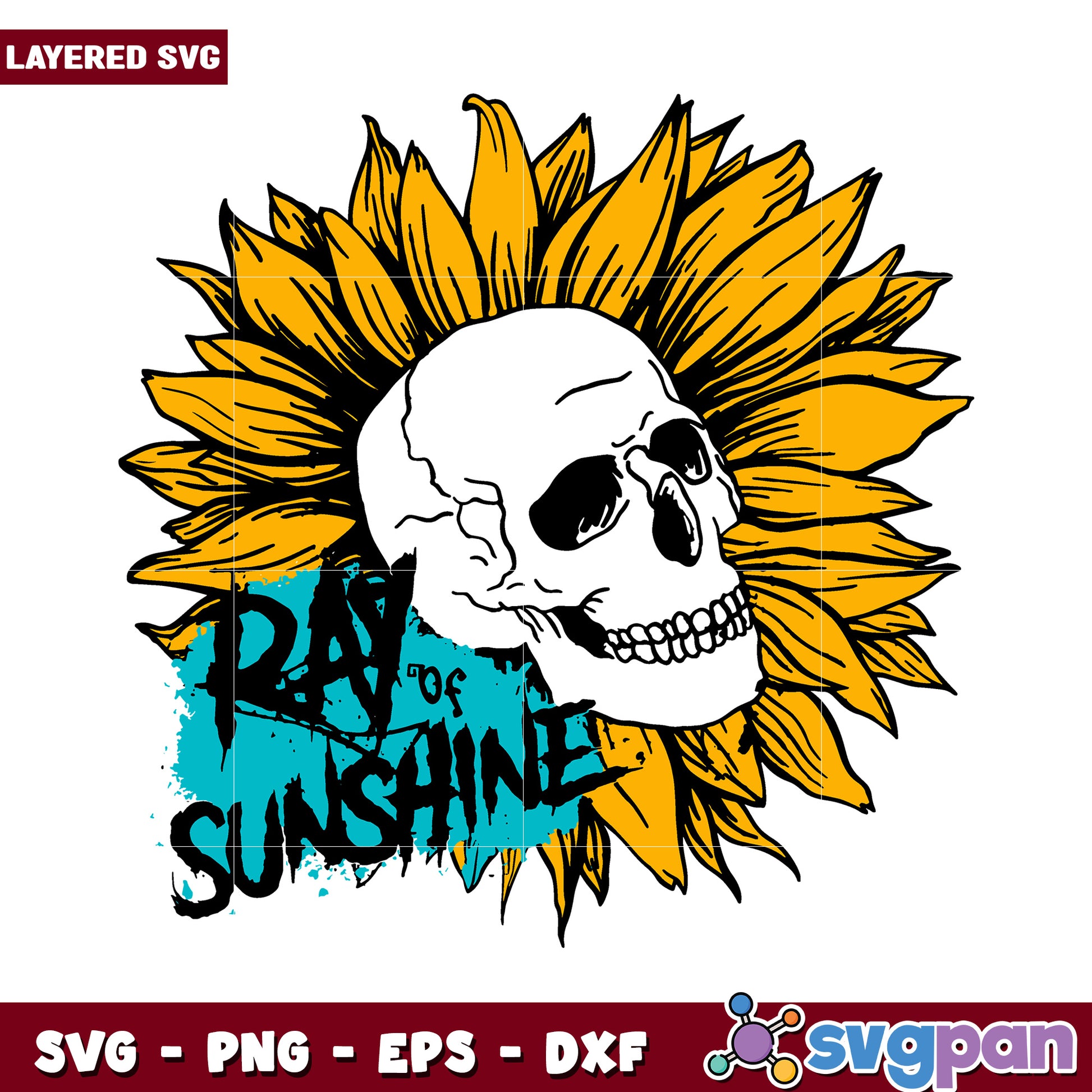 Ray of Sunshine Skull Art SVG, vibrant sunflower design layered SVG