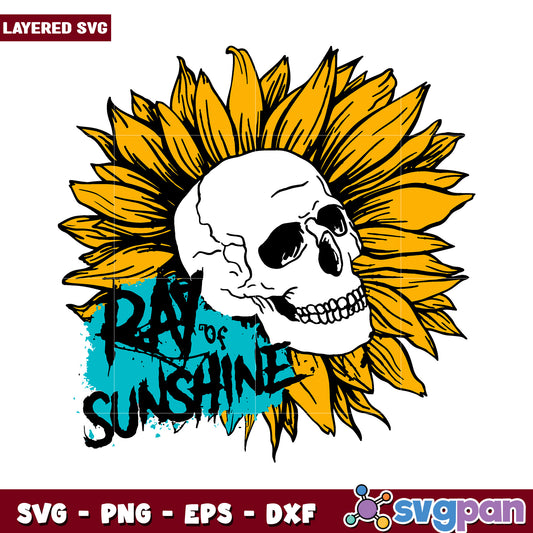 Ray of Sunshine Skull Art SVG, vibrant sunflower design layered SVG